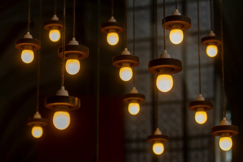 A close-up showing warm and cool bulbs in the same room creating uneven light color.