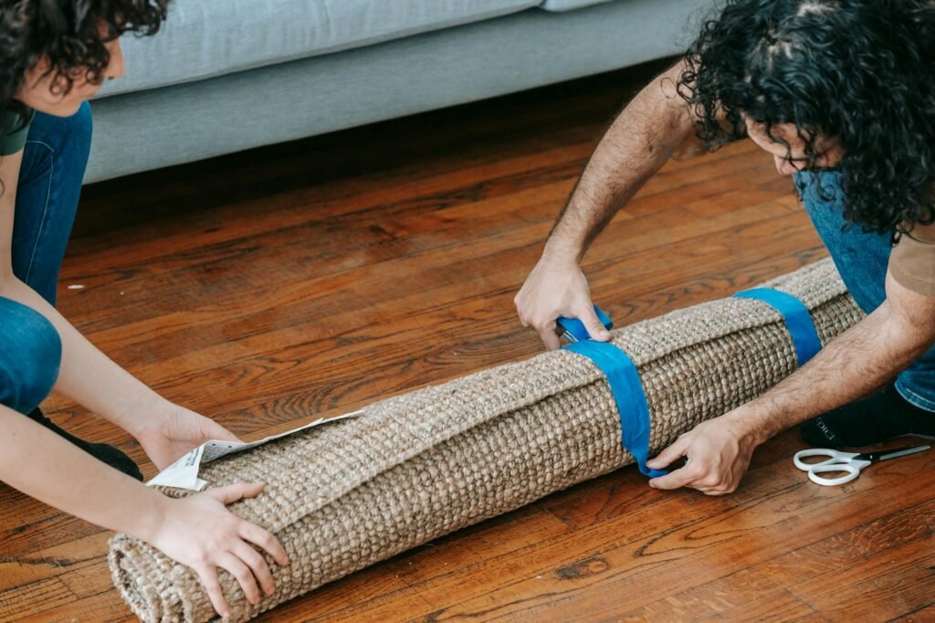 A small living room floor marked with painter's tape to test sofa size before buying.