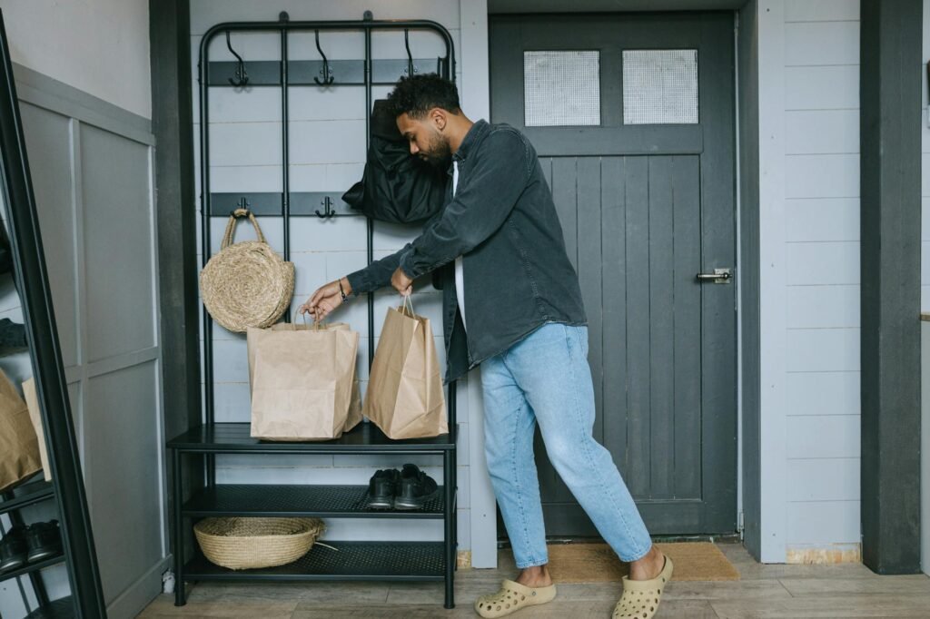 An organized entry area with limited everyday items and controlled storage.