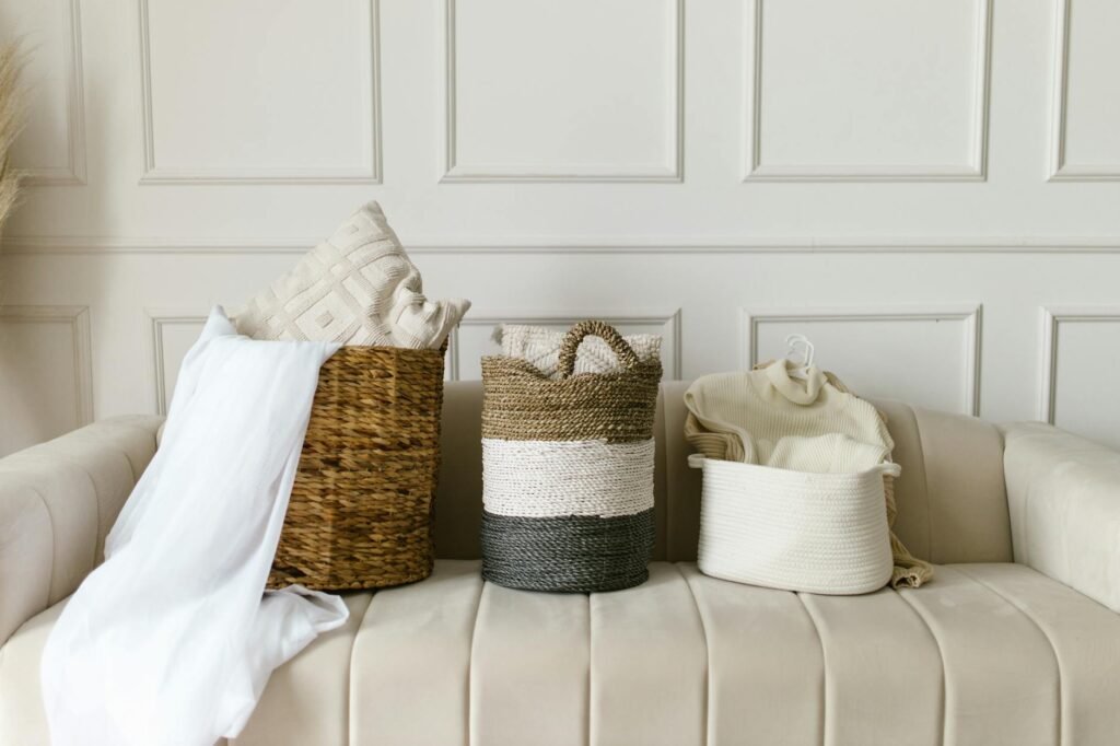 A family living room with baskets and concealed storage keeping clutter out of sight.